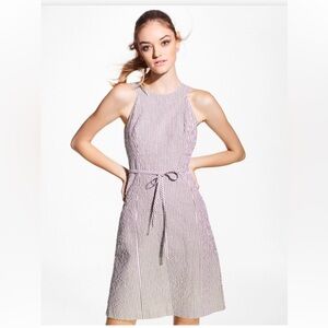 Brooks Brothers Sleeveless Seersucker Rounded Collar Midi Dress Sz 10 Tan Stripe